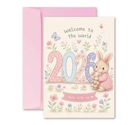 Welcome to the World 2026 New Baby Card, Hello Little One Cute Bunny Floral Luxury Greeting Card, A5 148mm x 210mm with Pale Pink Envelope, UK Printed FSC