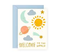 Welcome to the World Baby Card - Space and Planets - Newborn Boy Girl Greeting - Baby Shower, Congratulations - Gift for New Parents, Family, Auntie, Uncle, Relatives, Cousins -Comes with Stickers