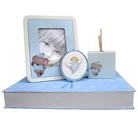 Welcome to the World: Elephant Theme Gift Set with Table Photo Frame Perfumer and Sopraculla Newborn Birth (Light Blue)