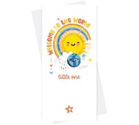 Welcome to the World Little One New Baby Card, Cute Sun and Earth Rainbow Design Greeting Card for Newborn Girl or Boy
