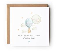 Welcome to the World Little One New Baby Greeting Card, Blue Hot Air Balloon Design, with Kraft Envelope