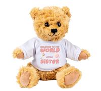 Welcome to The World Little Sister Teddy Bear Gift - Gifts for New Baby Sister - Sibling Presents - New Born Baby Announcement Brown