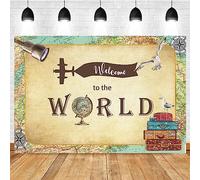 Welcome to The World Photography Backdrops Nautical Map Background World Map Suitcase Seagull Globe Photography Banner Around World Adventure Awaits Airplane Birthday Baby Shower Backdrop,8x6ft