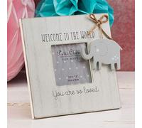 WELCOME TO THE WORLD Shabby Wooden Photo Frame with hanging elephant Baby Boy Girl Shower Christening GIFT