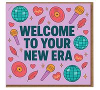 Welcome To Your New Era Congratulations Card - Disco Balls, Vinyl, Microphones and Hearts Design - Fun Pop Music Theme for New Job, Graduation or Fresh Start