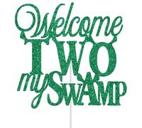 Welcome Two My Swamp Cake Topper, Boy Girl 2nd Birthday Decorations, Swamp Themed Birthday Party Decoration Supplies, Funny Two Years Old Bday Decoration Green Glitter
