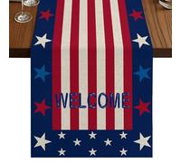 Welcome USA Table Runner, Flag Stars Blue Red Stripe Retro Rural Farmhouse Cotton and Table Linen Runner for Kitchen Dining Home Decor for Party Festival Holiday Decoration Gift 13x36in