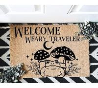 Welcome Weary Traveler Cottage Fairy Core Toad & Mushroom Leafy Doormat Funny Doormat,Housewarming Gifts Welcome Mat 30X18 Inch
