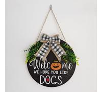 Welcome Wreath Front Door Welcome Sign Wooden Door Hanger for Cats Lettering Welcome We Hope You Like Dogs, Door Hanger for Porch Decoration, Housewarming Gift(Pumpkin)
