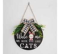 Welcome Wreath Front Door Welcome Sign Wooden Door Hanger for Cats Lettering Welcome We Hope You Like Dogs, Door Hanger for Porch Decoration, Housewarming Gift (Rabbit)