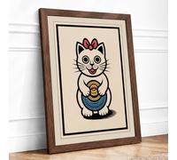 Welcoming Fortune Cat Japandi Framed Wall Art Print A3 (42×29.7cm) Walnut, Wall Decor for Living Room, Bedroom, Office & Home, Ready to Hang, Art Gift