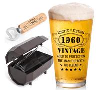 WelDesine 65th Birthday Gifts for Men, Vintage 1960 Beer Glass Set of 16oz in Barrel Box, 65 Year Old Gift Ideas for Him Husband Dad, Pint Glass for 65th Birthday Decorations & Wedding Anniversary