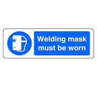 Welding Mask Must Be Worn - safety sign - High tack self-adhesive sticker (150mm x 50mm) Viewing Distance within 3m.