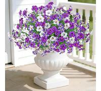 Weldomcor 12 Bundles Artificial Flowers for Outdoor, UV Resistant Fake Silk Morning Glory Flowers Faux Greenery Plastic Petunia Spring Summer Decor for Front Door Planter Porch Patio Yard Purple White