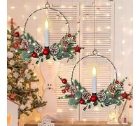 Weldomcor 2 Pack Christmas Wreaths for Front Door, 15.7 Inch Christmas Door Wreath with LED Taper Candles Lights, Xmas Winter Wreath for Window Fireplace Porch Wall Hanging Home Christmas Decoration