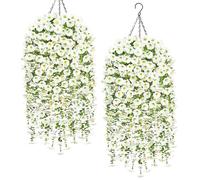Weldomcor 2 Set Home and Outdoors Silk Fabric Fake Flowers DIY Chain Hanging Basket Artificial Morning Glory Hanging Flowers in Planter for Front Porch Garden Patio Yard Decor (White)