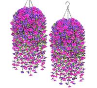 Weldomcor 2 Set Home and Outdoors Silk Fabric Fake Flowers DIY Chain Hanging Basket Artificial Morning Glory Hanging Flowers in Planter for Front Porch Garden Patio Yard Decor (Purple and Fuchsia)