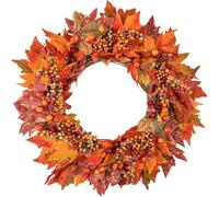 Weldomcor 20 inch Autumn Wreath Front Door, Large Artificial Wreath Fall Wreath with Maple Leaves and Berries for Farmhouse Fireplace Window Wall Thanksgiving Halloween Harvest Festival Celebration
