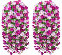 Weldomcor 2PCS Artificial Hanging Flowers for Outdoor, UV Resistant Fake Hanging Plant Morning Glory Trailing Vines Silk Flowers Spring Summer Decor for Home Wedding Garden Porch Patio (Fuchsia Pink)