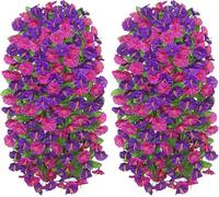 Weldomcor 2PCS Artificial Hanging Flowers for Outdoor UV Resistant Fake Hanging Plant Morning Glory Trailing Vines Silk Petunia Flowers Spring Summer Decor for Home Garden Porch Patio (Purple Fuchsia)