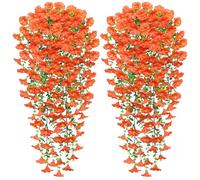 Weldomcor 2Pcs Artificial Hanging Flowers Outdoor, UV-Resistant Fake Hanging Plants Autumn Artificial Morning Glory Flowers Fake Trailing Plants for Wall Home Wedding Garden Yard Decor (Orange)