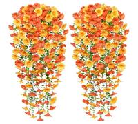 Weldomcor 2Pcs Artificial Hanging Flowers Outdoor, UV-Resistant Fake Hanging Plants Autumn Artificial Morning Glory Flowers Fake Trailing Plants for Wall Home Wedding Garden Yard Decor (Orange Yellow)