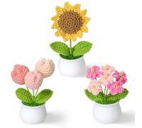 Weldomcor 3Pcs Crochet Flowers, Handmade Crochet Sunflower Set Cute Stuff Emotional Support Gift Funny Dashboard Accessories Desk Decor Get Well Soon Thank You Gifts for Women