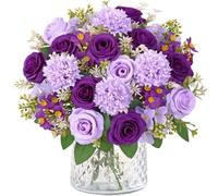 Weldomcor 4 Bunches Artificial Rose Hydrangea Flowers, Fake Roses Faux Silk Hydrangea Flower Bouquets for Vase DIY Arrangement Wedding Bridal Bouquet Party Centerpiece Graves Home Decor (Purple)