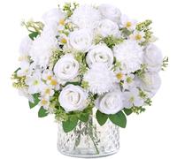 Weldomcor 4 Bunches Artificial Rose Hydrangea Flowers, Fake Roses Faux Silk Hydrangea Flower Bouquets for Vase DIY Arrangement Wedding Bridal Bouquet Party Centerpiece Graves Home Decor (White)