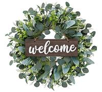 Weldomcor 55cm Large Artificial Green Eucalyptus Wreaths with Wooden Welcome Sign Spring Summer Wreath for Front Door Wedding Home Farmhouse Wall Window Porch Patio Garden Decoration, Brown