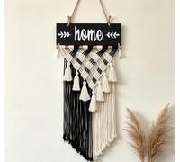 Weldomcor Boho Macrame Wall Hanging, Geometric Hollow Woven Tapestry with Home Sign, Handmade Cotton Rope Cross Tassel Aesthetic Wall Art Decor for Bedroom Living Room Front Door Home Ornament (Black)