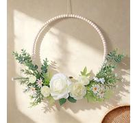 Weldomcor Door Wreath for Front Door, 18 Inch Rose Eucalyptus Leaf Wreaths Artificial Flower Hanging Wreath with Wood Beads for Home Wall Window Wedding Outdoor Decor All Year (White)