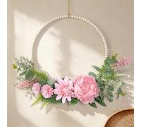 Weldomcor Door Wreath for Front Door, 18 Inch Spring Summer Wreaths with Wood Beads Peony Eucalyptus Leaves Artificial Flower Hanging Wreath for Home Wall Window Wedding Outdoor Decor All Year (Pink)