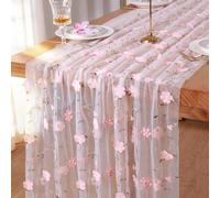 Weldomcor Gauze Table Runner, 70x300 cm Sheer Cheesecloth Table Runners with Embroidery 3D Flower Spring Seasonal Table Decor for Kitchen Dining Coffee Wedding Arch Birthday Party (Pink)