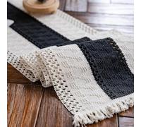 Weldomcor Macrame Table Runner Beige and Black Boho Table Runner with Tassels Hand Woven Cotton Table Decoration Rustic Farmhouse Table Cloth for Bohemian Kitchen Dining Table 30 x 180 cm