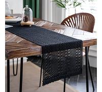 Weldomcor Macrame Table Runner Farmhouse Boho Beige Table Runner with Tassel Bohemian Woven Cotton Crochet Lace Rustic Home Decor for Bridal Shower Wedding Dinning Table(Black, 30x180cm)