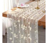Weldomcor White Gauze Table Runner, 70 × 300 cm Sheer Cheesecloth Table Runners with Embroidery 3D Flower Spring Seasonal Table Decor for Kitchen Dining Coffee Wedding Arch Birthday Party