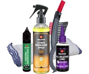 WELDTITE New Starter Bike Cleaning Gift Kit | Includes Citrus Degreaser 250 ml, Chain Lubricant 100 ml, Cleaner Concentrate 30 ml, Cassette Brush & Cloth