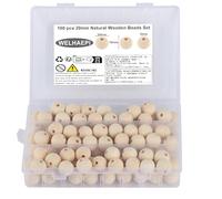 WELHAEPI 100 Pcs Natural Round Wood Beads Set with Storage Box for DIY, Jewelry Craft Making, Crafting, Handmade Decorations, Wooden Decorative Beads (20mm)
