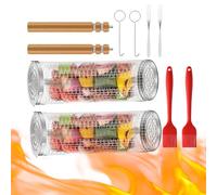 Welhammsae 2 Pcs BBQ Grill Basket, BBQ Accessories, Stainless Steel Grill Basket, Nesting Rolling Grill Basket Set with Removeable Wooden Handle, Oil Brushes, Forks, Hooks, 21 x 9cm, 31 x 10cm