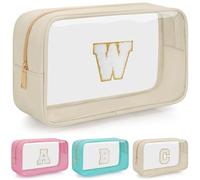 WELIDAY Personalized Initial Clear Makeup Bag, Travel Chenille Patch Cosmetic Bag, Preppy Toiletry Bag Monogram Cosmetic Pouch with Zipper, Ideal Gift for Teen Girls Women, Beige, W