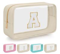 WELIDAY Personalized Initial Clear Makeup Bag, Travel Chenille Patch Cosmetic Bag, Preppy Toiletry Bag Monogram Cosmetic Pouch with Zipper, Ideal Gift for Teen Girls Women, Clear-Beige, A
