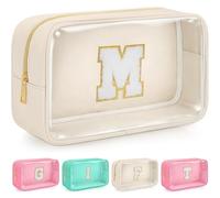 WELIDAY Personalized Initial Clear Makeup Bag, Travel Chenille Patch Cosmetic Bag, Preppy Toiletry Bag Monogram Cosmetic Pouch with Zipper, Ideal Gift for Teen Girls Women (Beige, M)