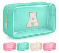 WELIDAY Personalized Initial Clear Makeup Bag, Travel Chenille Patch Cosmetic Bag, Preppy Toiletry Bag Monogram Cosmetic Pouch with Zipper, Ideal Gift for Teen Girls Women (Green, A)