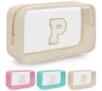 WELIDAY Personalized Initial Letter Clear Makeup Bag, Travel Chenille Patch Cosmetic Bag, Waterproof Toiletry Bag with Zipper for Teen Girls Women, Beige, P