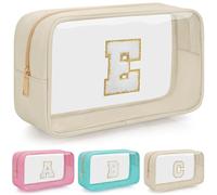 WELIDAY Personalized Initial Letter Clear Makeup Bag, Travel Chenille Patch Cosmetic Bag, Waterproof Toiletry Bag with Zipper for Teen Girls Women, Beige, E