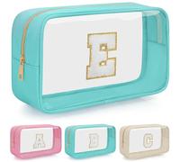 WELIDAY Personalized Initial Letter Clear Makeup Bag, Travel Chenille Patch Cosmetic Bag, Waterproof Toiletry Bag with Zipper for Teen Girls Women, Green, E