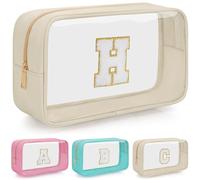 WELIDAY Personalized Initial Letter Clear Makeup Bag, Travel Chenille Patch Cosmetic Bag, Waterproof Toiletry Bag with Zipper for Teen Girls Women, Beige, H