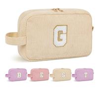 WELIDAY Personalized Initial Makeup Bag, Travel Chenille Patch Cosmetic Bag, Preppy Corduroy Toiletry Bag Monogram Cosmetic Pouch with Zipper, Ideal Gift for Teen Girls Women (Ivory White, G)