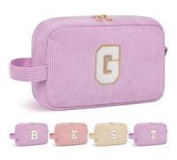 WELIDAY Personalized Initial Makeup Bag, Travel Chenille Patch Cosmetic Bag, Preppy Corduroy Toiletry Bag Monogram Cosmetic Pouch with Zipper, Ideal Gift for Teen Girls Women (Purple, G)